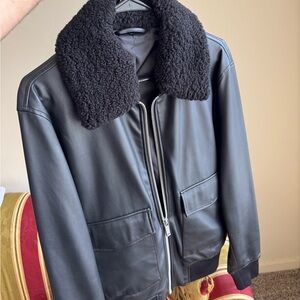 Zara Men's Black Leather Jacket with Shearling Collar
